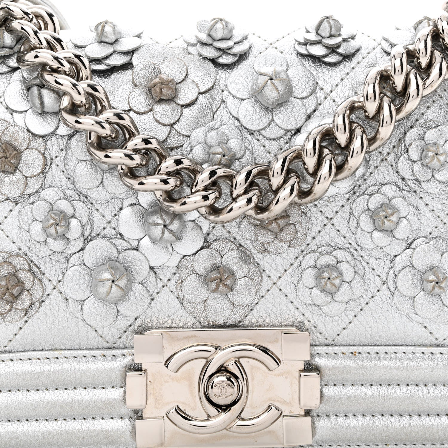 Chanel Metallic Calfskin Camellia Quilted Small Boy Flap Silver 8 of 10
