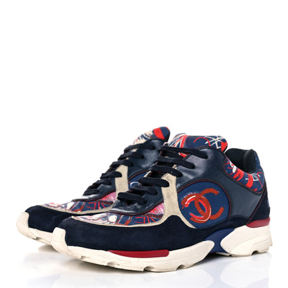 Chanel Canvas Suede Calfskin Womens CC Sneakers 35.5 Navy Red Black 3 of 14
