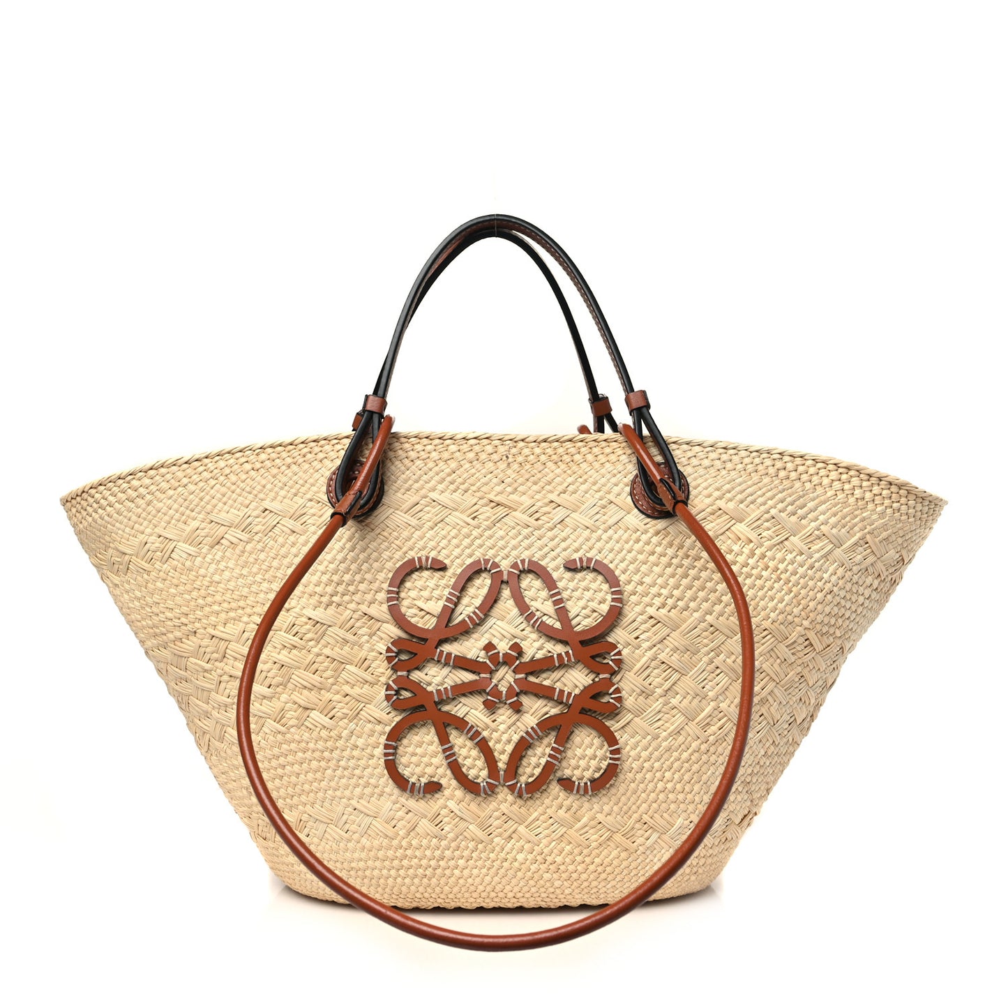 Calfskin Raffia Paulas Ibiza Medium Anagram Basket Tote Bag Natural Tan
