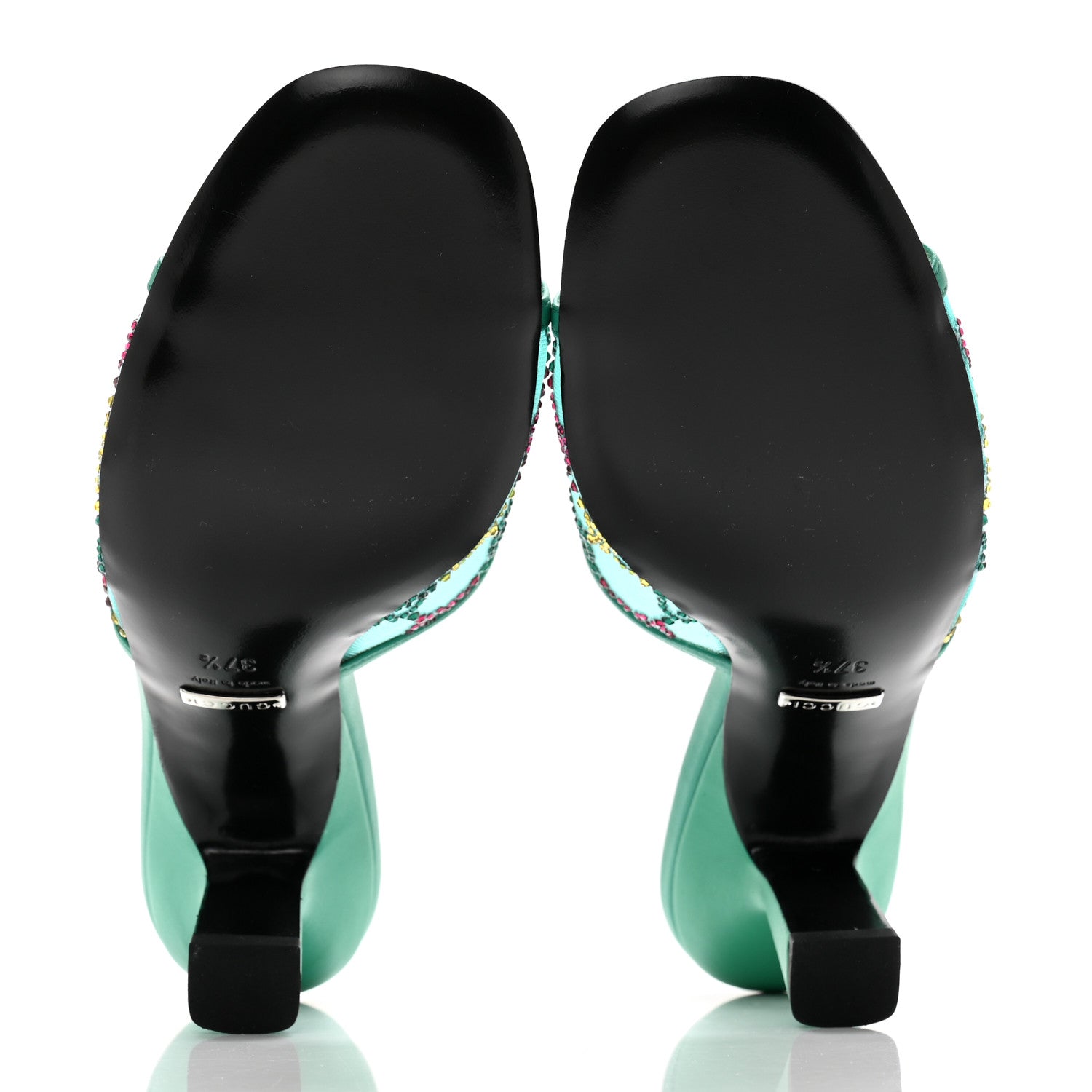 Gucci Tela Retino Nappa Crystal GG Monogram Square G 95mm Slide Sandals 37.5 Turquoise 5 of 9