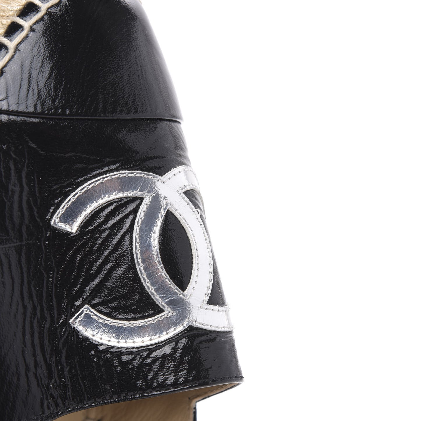 Patent Calfskin Metallic Goatskin CC Espadrilles 37 Black Silver