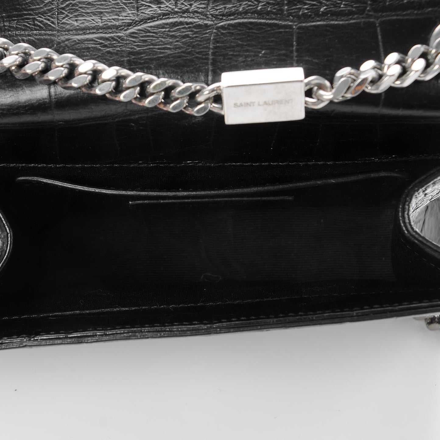 Calfskin Crocodile Embossed Small Classic Monogram Tassel Satchel Black