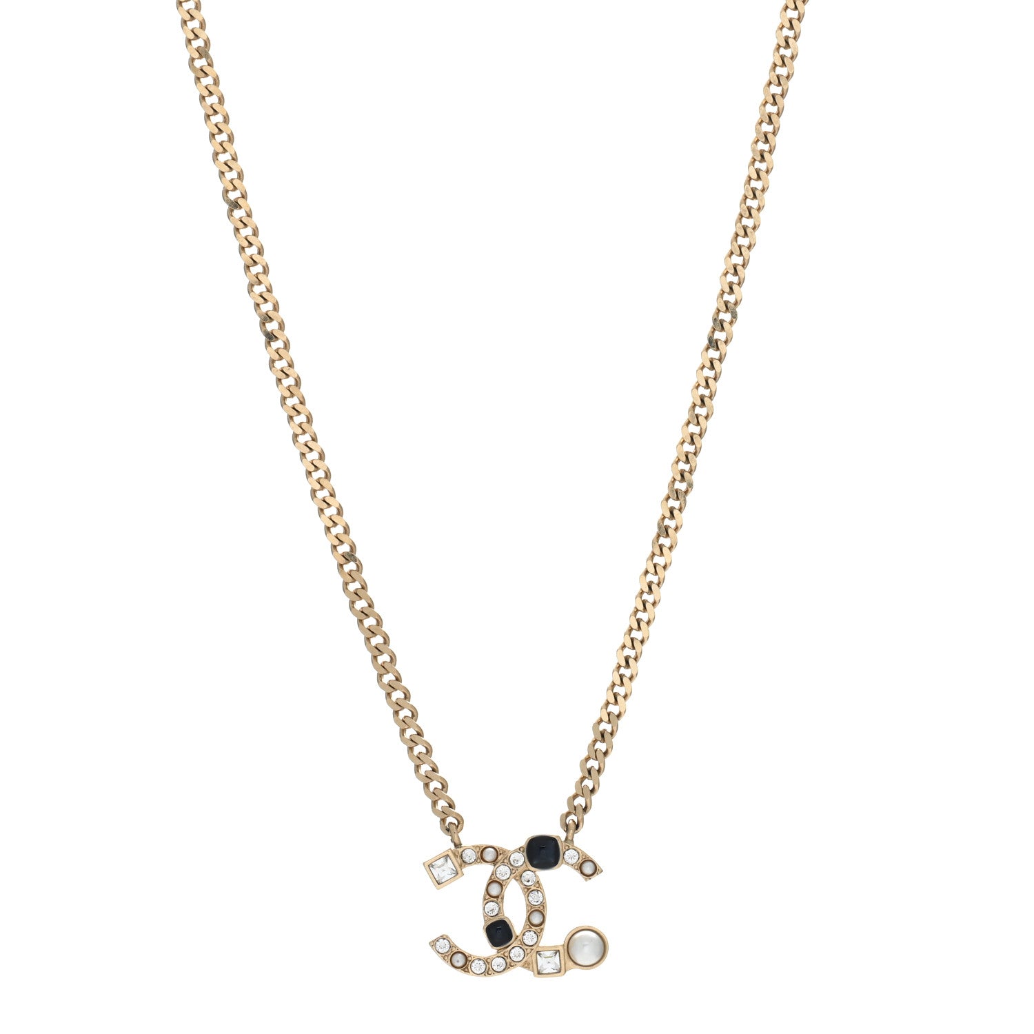 Chanel Crystal Pearl Resin CC Chain Necklace Gold Pearly White Black 1 of 4