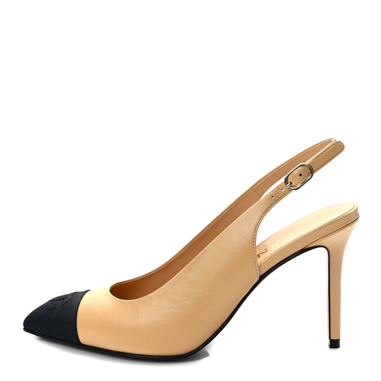 Chanel Goatskin Grosgrain Pointed Cap Toe CC Slingback Pumps 37 Beige Black 1 of 9