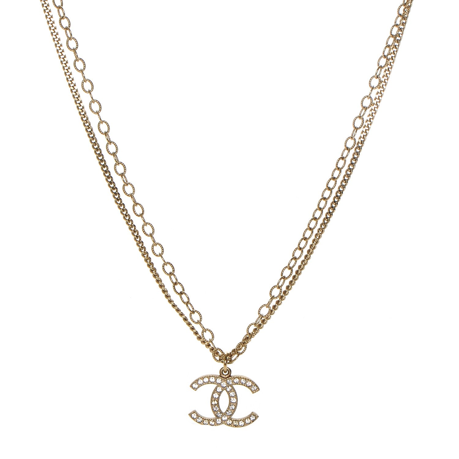 Chanel Crystal Double Chain CC Necklace Gold 1 of 5