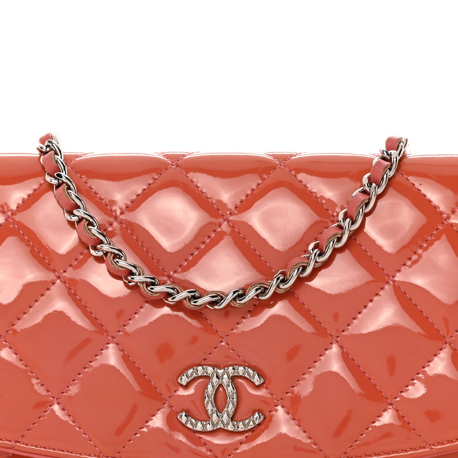 Chanel Patent Quilted Wallet On Chain WOC Coral 9 of 16