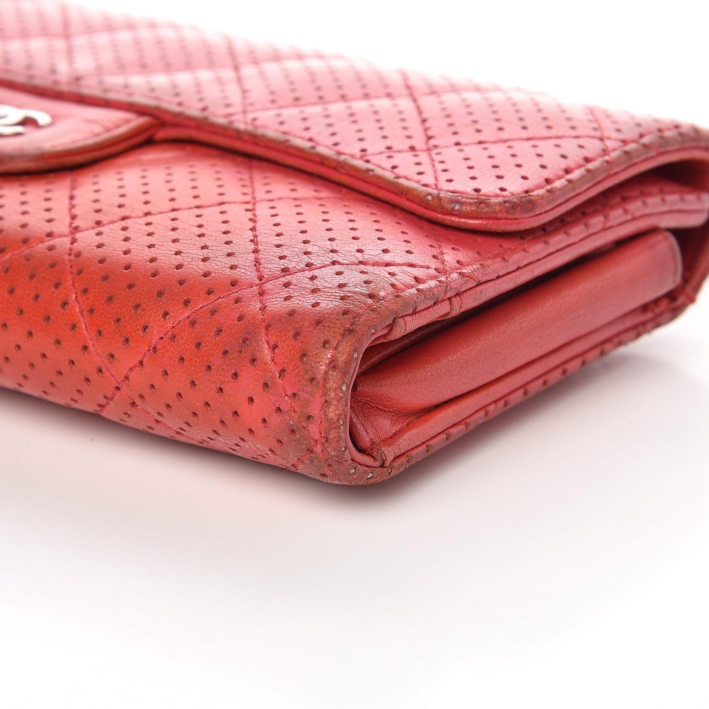 Perforated Lambskin Quilted Flap Wallet Red