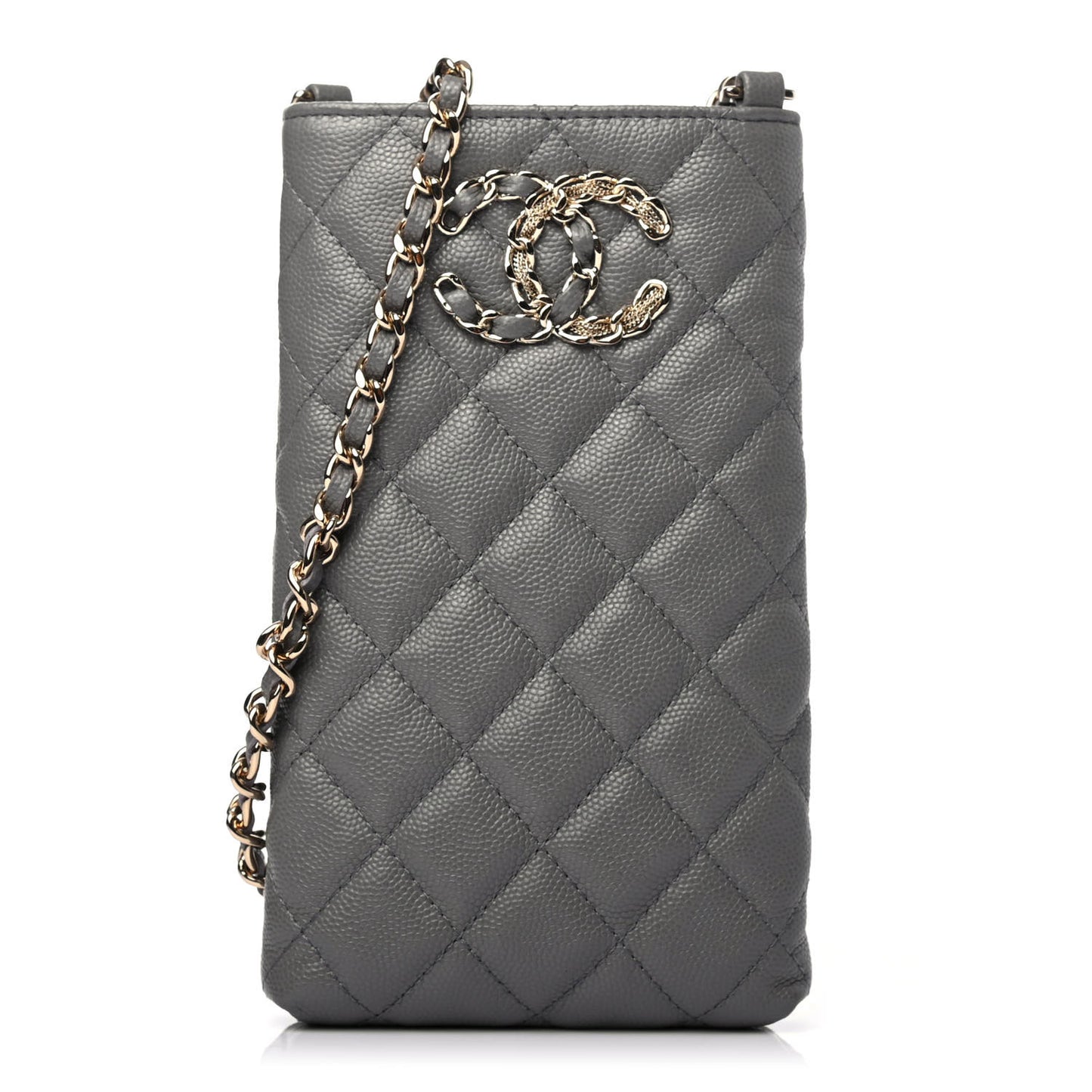 Caviar Quilted French New Wave Phone Holder With Chain Grey