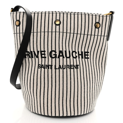 Saint Laurent Linen Calfskin Striped Rive Gauche Bucket Bag Grey Cream Black 3 of 10