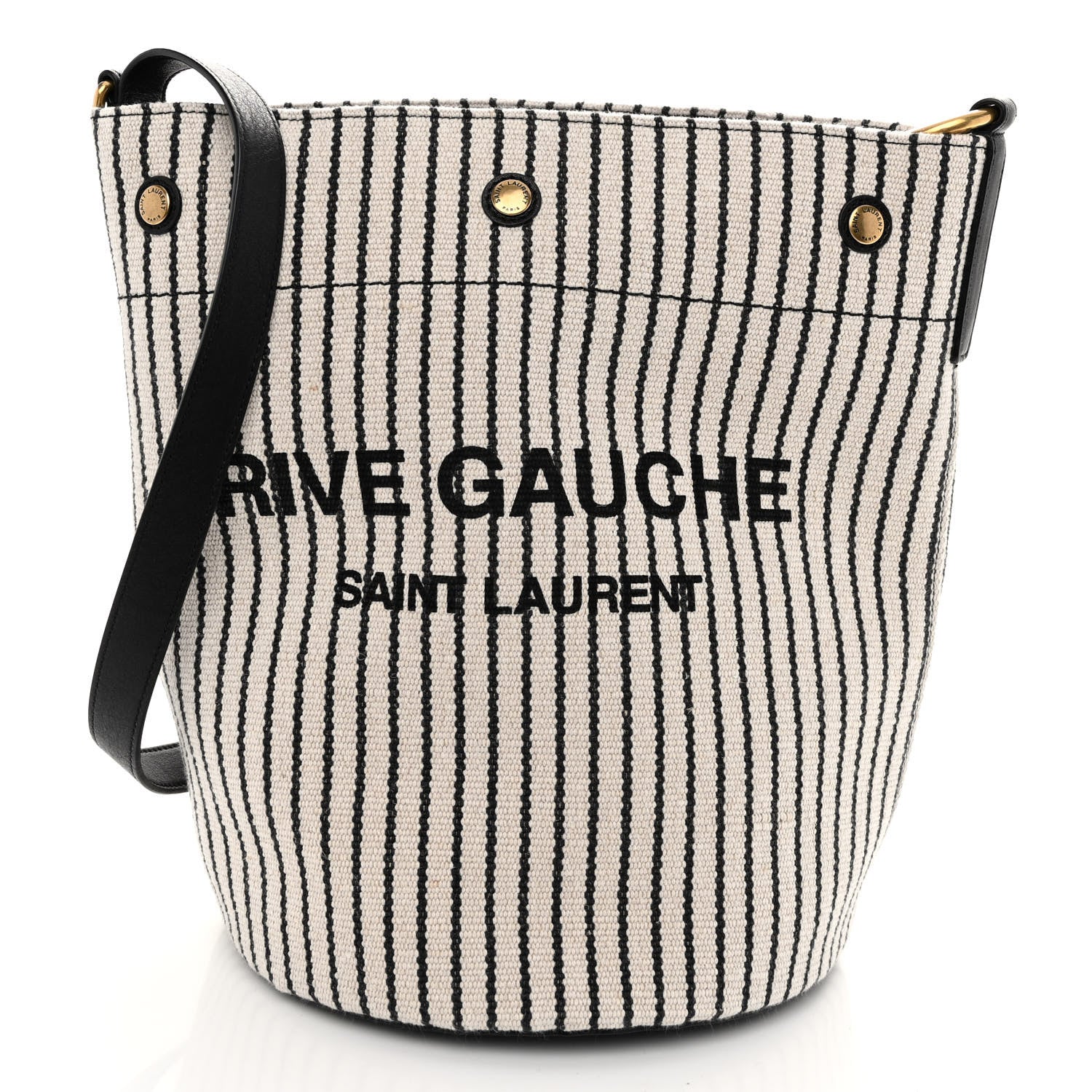 Saint Laurent Linen Calfskin Striped Rive Gauche Bucket Bag Grey Cream Black 3 of 10