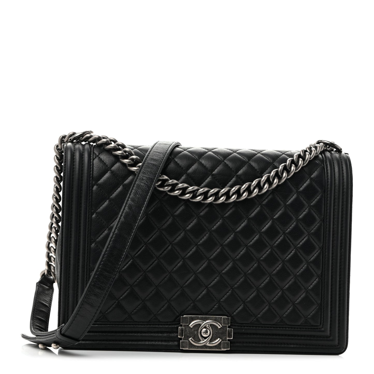 Calfskin Quilted Large Boy Flap Black