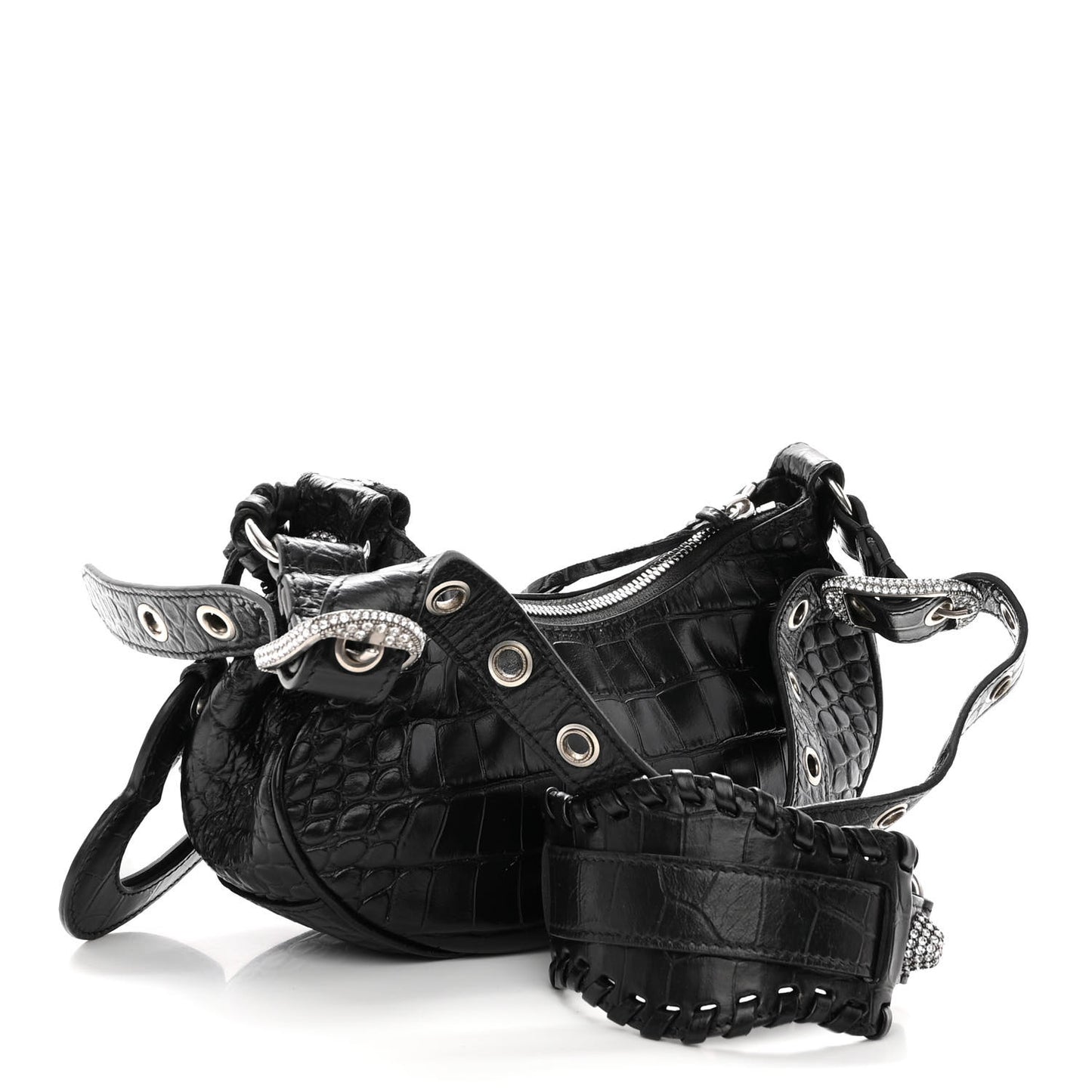 Extra Supple Calfskin Crystal Crocodile Embossed Le Cagole Shoulder Bag XS Black