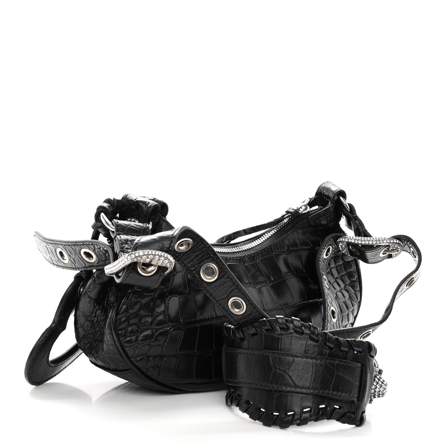 Balenciaga Extra Supple Calfskin Crystal Crocodile Embossed Le Cagole Shoulder Bag XS Black 3 of 9