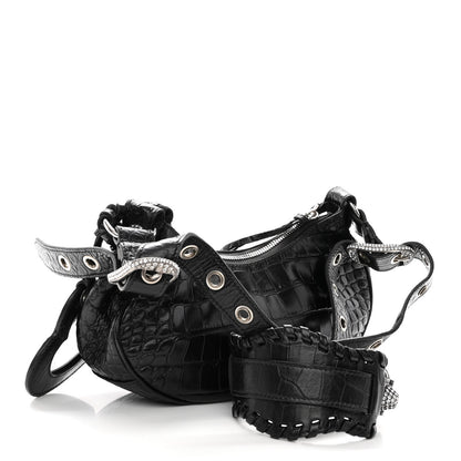 Balenciaga Extra Supple Calfskin Crystal Crocodile Embossed Le Cagole Shoulder Bag XS Black 3 of 9