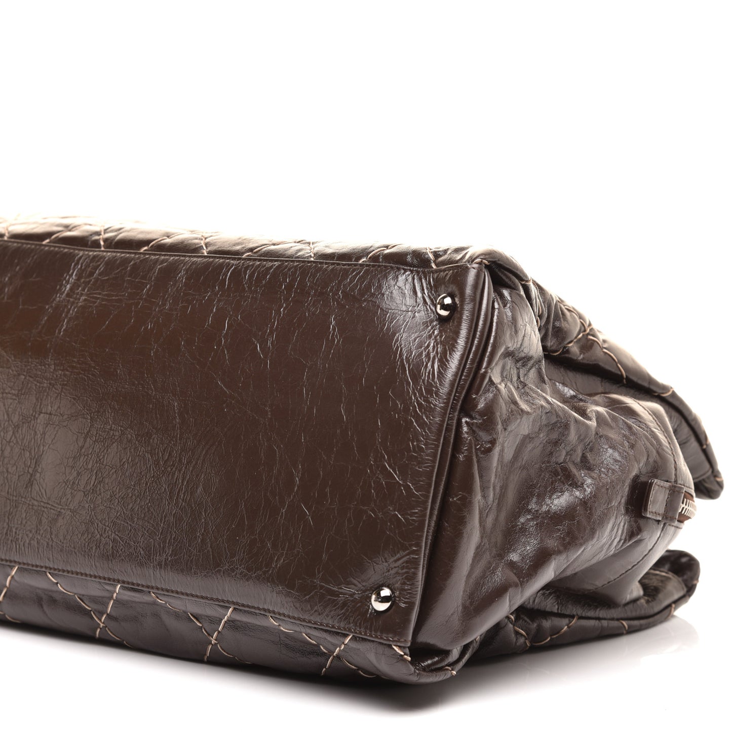 Glazed Goatskin Double Contrast Stitch Large Tote Brown