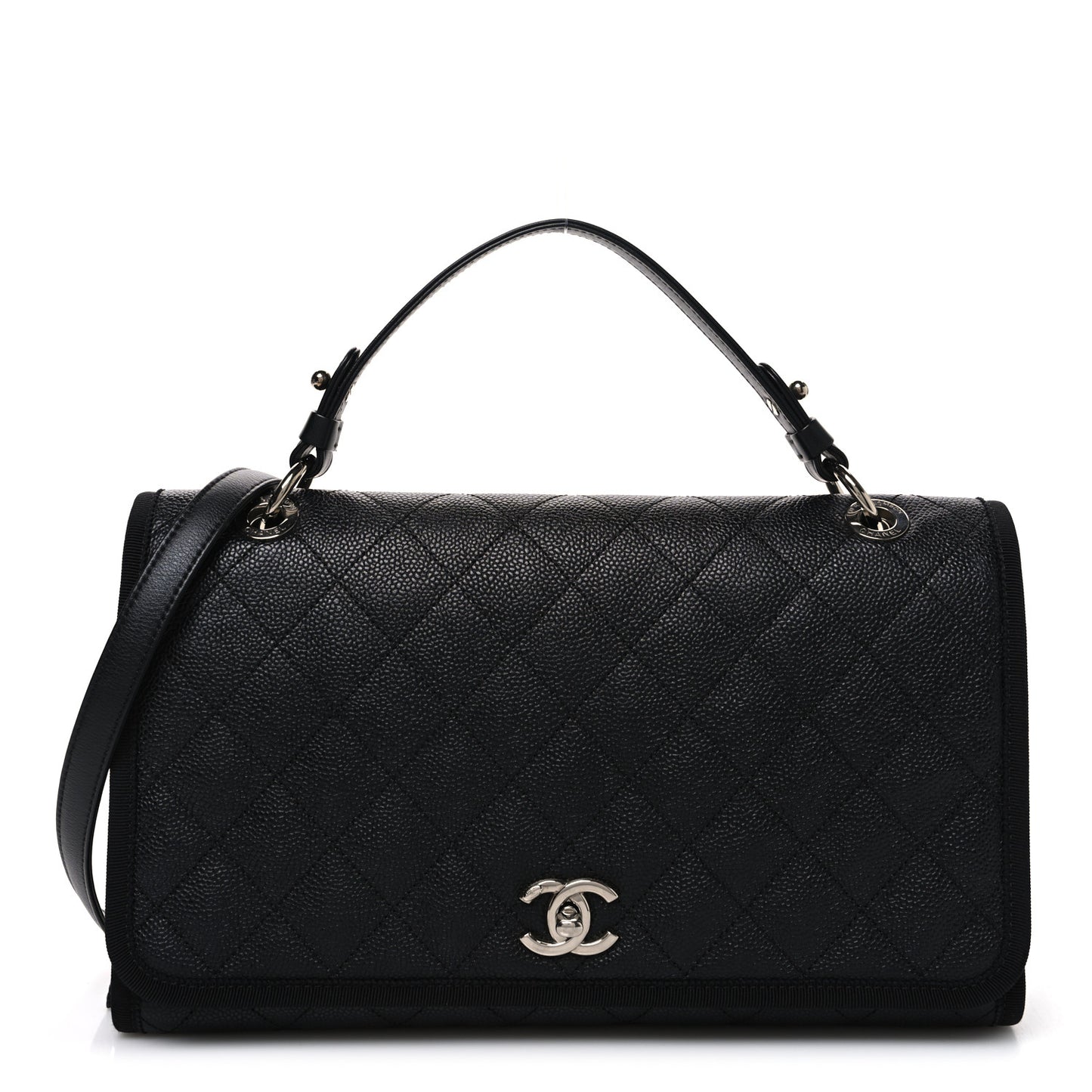 Caviar Grosgrain Quilted Top Handle CC Flap Black