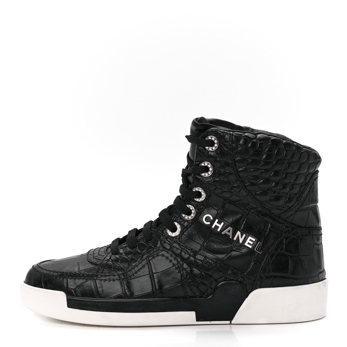 Calfskin Crocodile Embossed Cocodile High Top Sneakers 37 Black