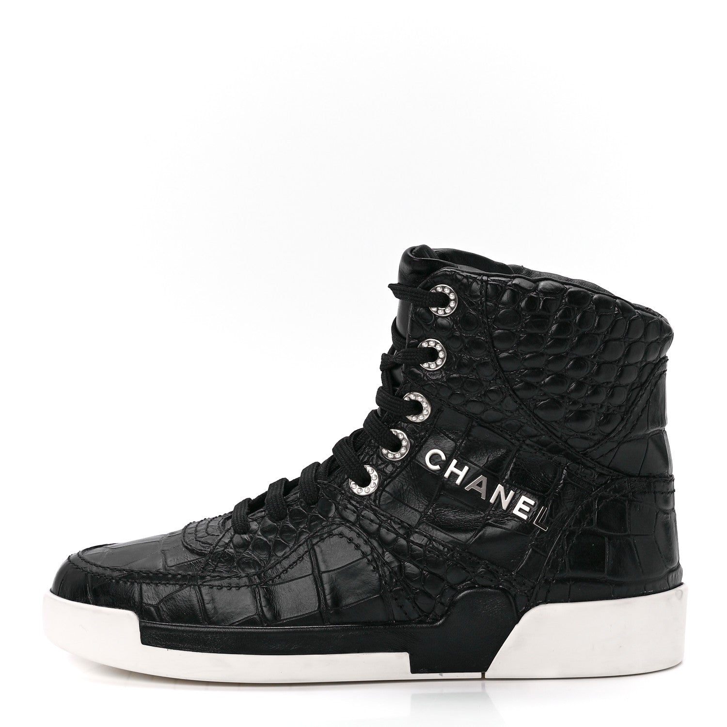 Chanel Calfskin Crocodile Embossed Cocodile High Top Sneakers 37 Black 1 of 8