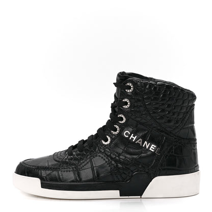 Chanel Calfskin Crocodile Embossed Cocodile High Top Sneakers 37 Black 1 of 8