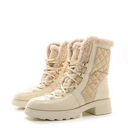 Chanel Shiny Crumpled Calfskin Velvet Shearling Lace Up Boots 40 Ivory 3 of 10