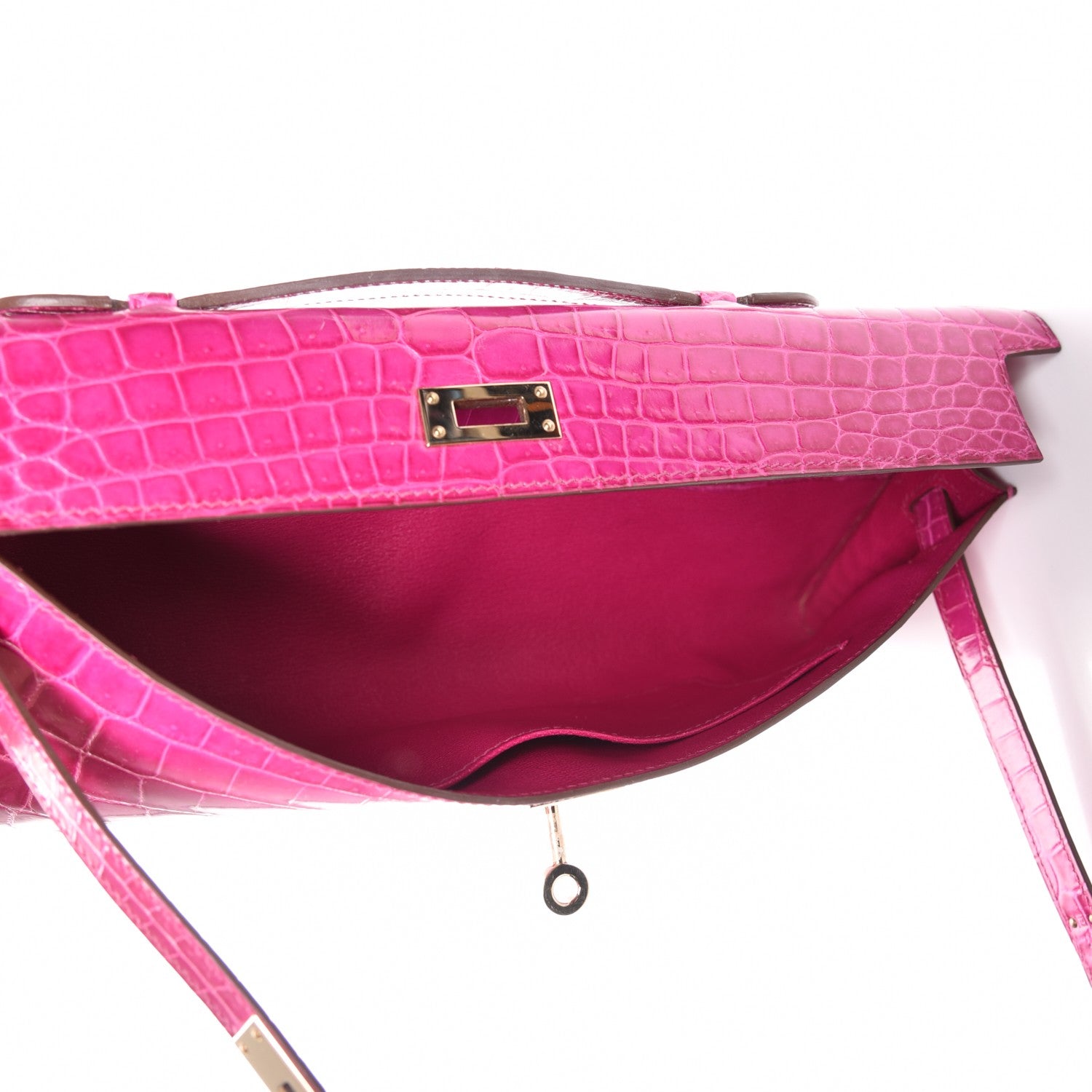 Hermes Shiny Niloticus Crocodile Kelly Cut Pochette Rose Scheherazade 7 of 21