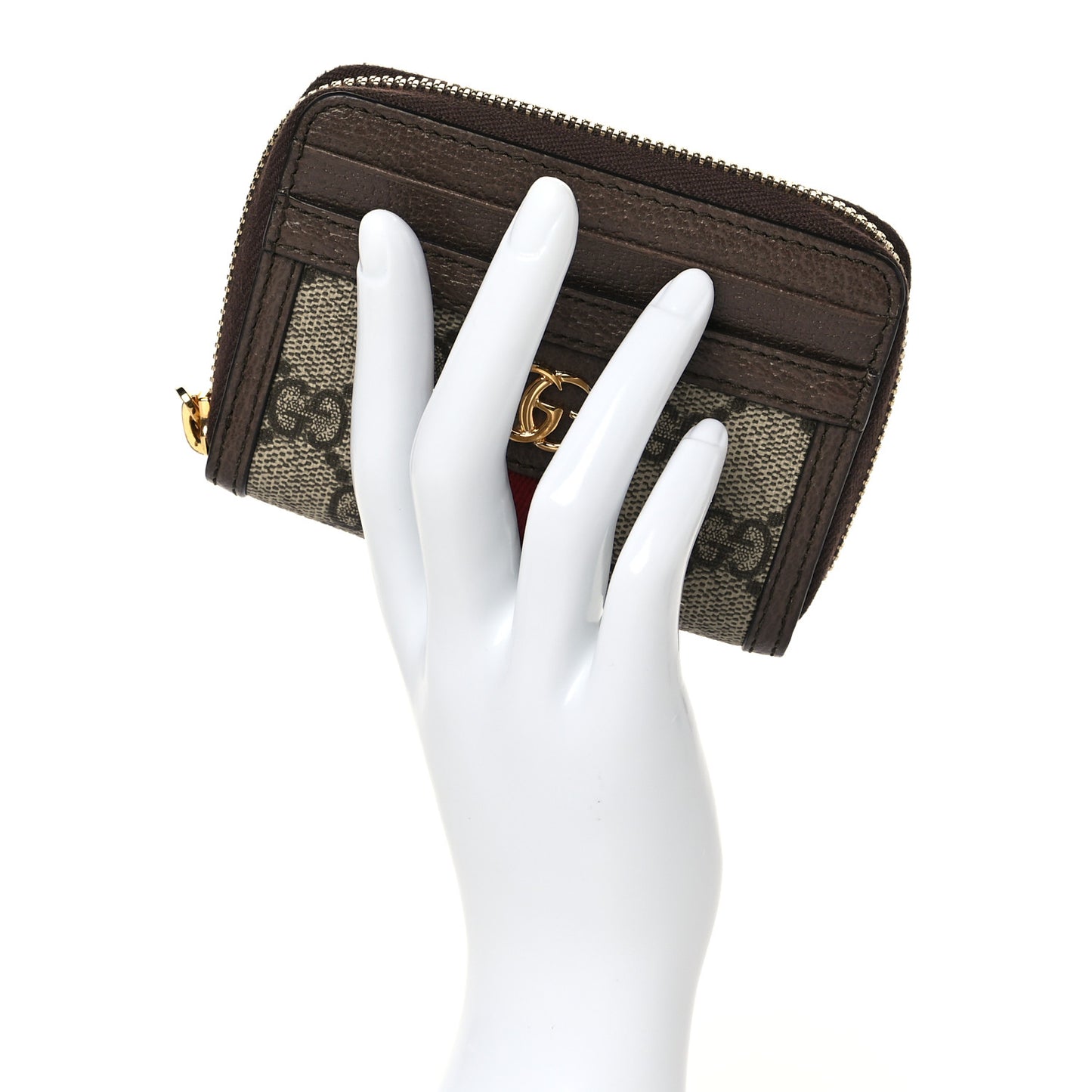 GG Supreme Monogram Textured Dollar Calfskin Web Ophidia Zip Around Card Case Wallet Beige Ebony New Acero