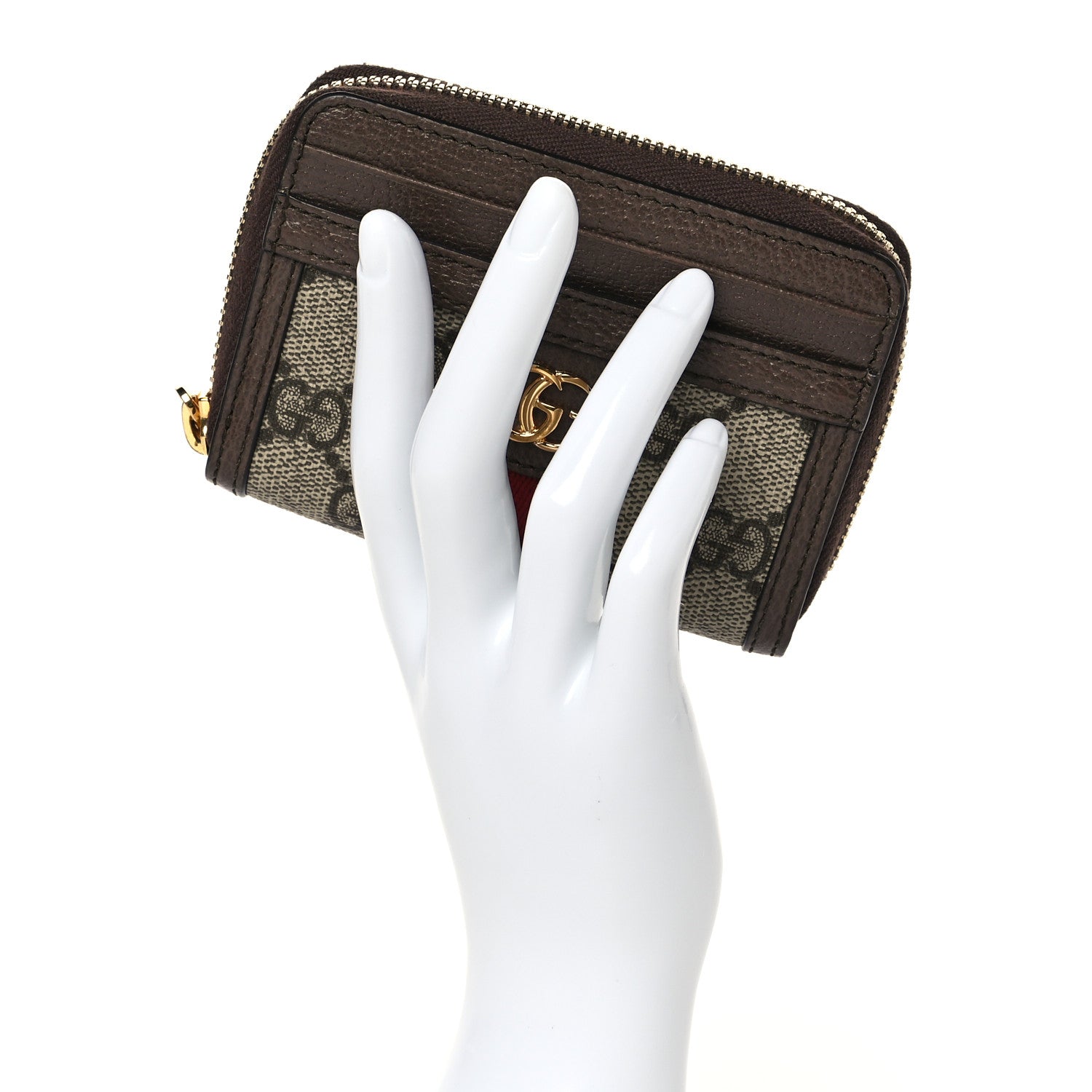 Gucci GG Supreme Monogram Textured Dollar Calfskin Web Ophidia Zip Around Card Case Wallet Beige Ebony New Acero 2 of 8