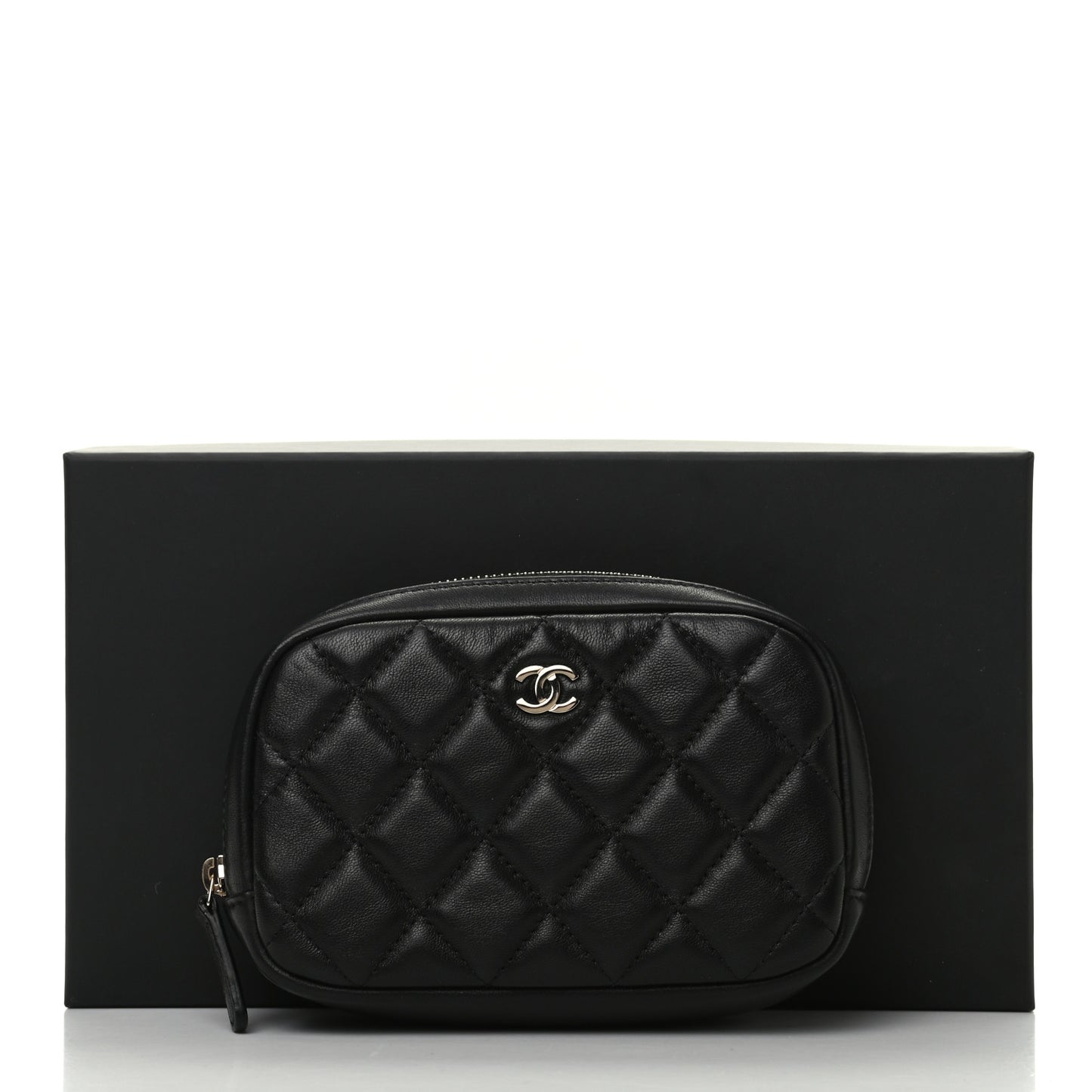 Lambskin Quilted Small Curvy Pouch Cosmetic Case Black