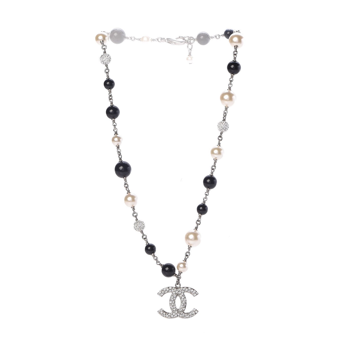 Pearl Crystal Bead CC Necklace Silver Black