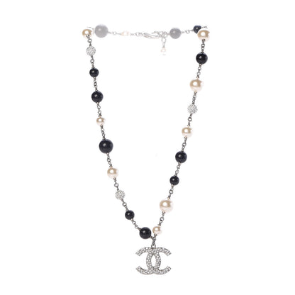 Chanel Pearl Crystal Bead CC Necklace Silver Black 3 of 4