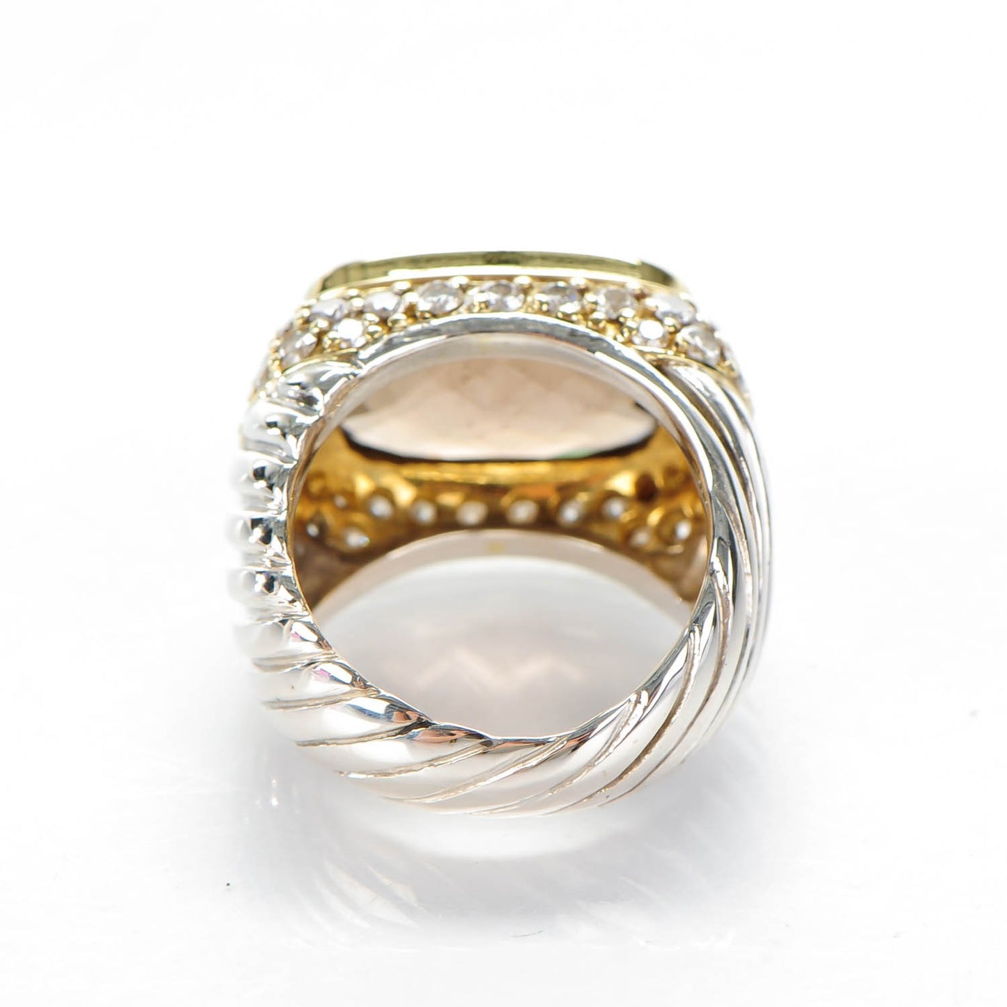 Sterling Silver 18K Yellow Gold Pave Diamond Smoky Quartz 15mm Cable Ring 53 6.5