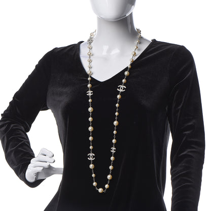 Chanel Graduated Pearl Crystal CC Long Necklace Silver 2 of 4