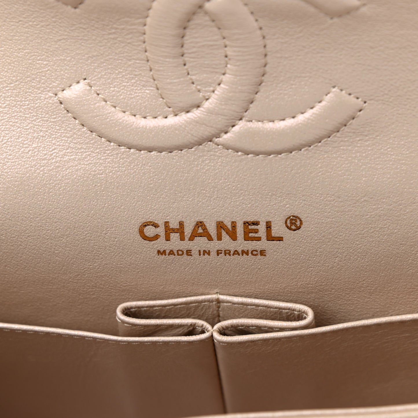 Iridescent Lambskin Quilted Medium Double Flap Beige