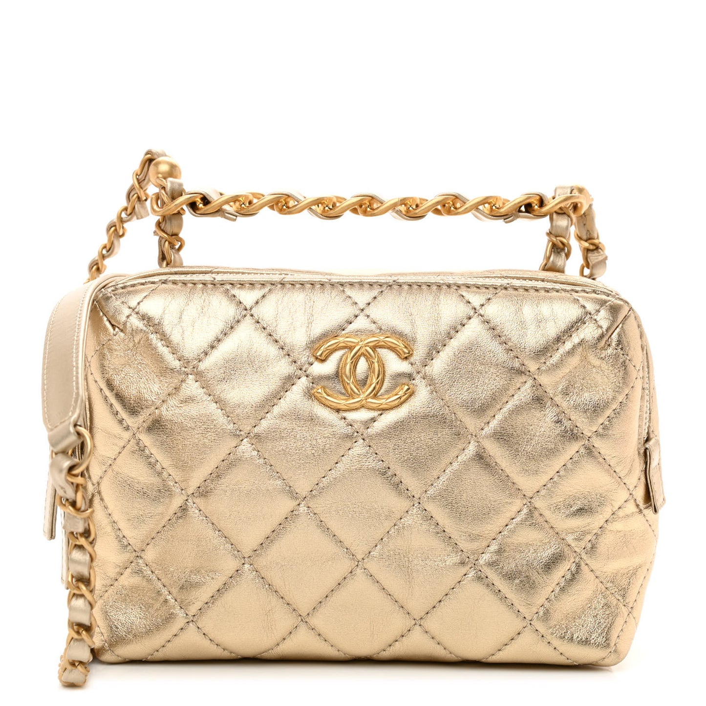 Metallic Lambskin Quilted Mini Bowling Bag Gold