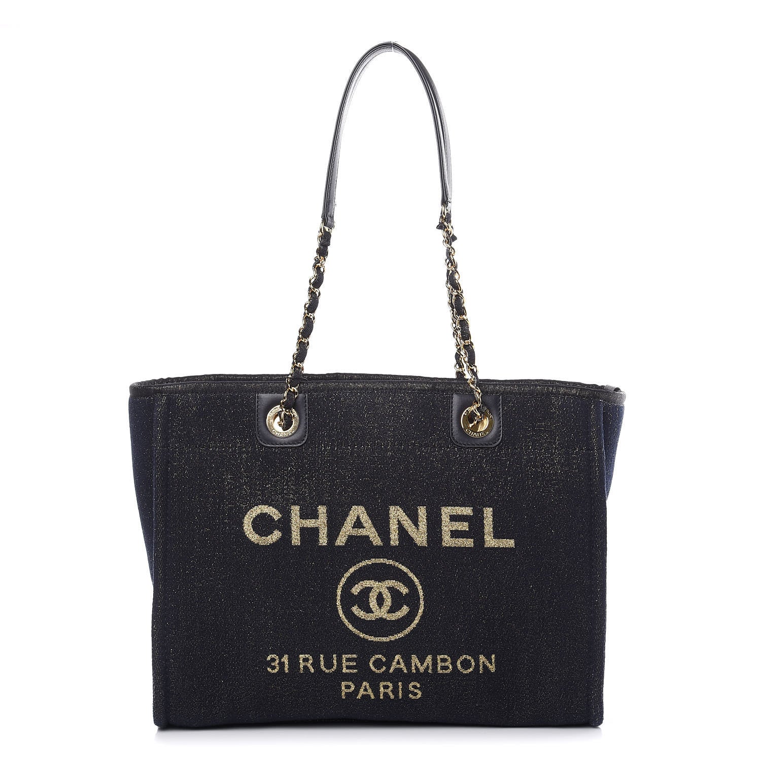 Chanel Lurex Canvas Small Deauville Tote Navy Blue Gold 1 of 10