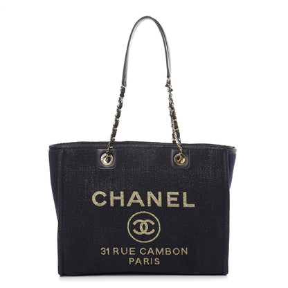 Chanel Lurex Canvas Small Deauville Tote Navy Blue Gold 1 of 10