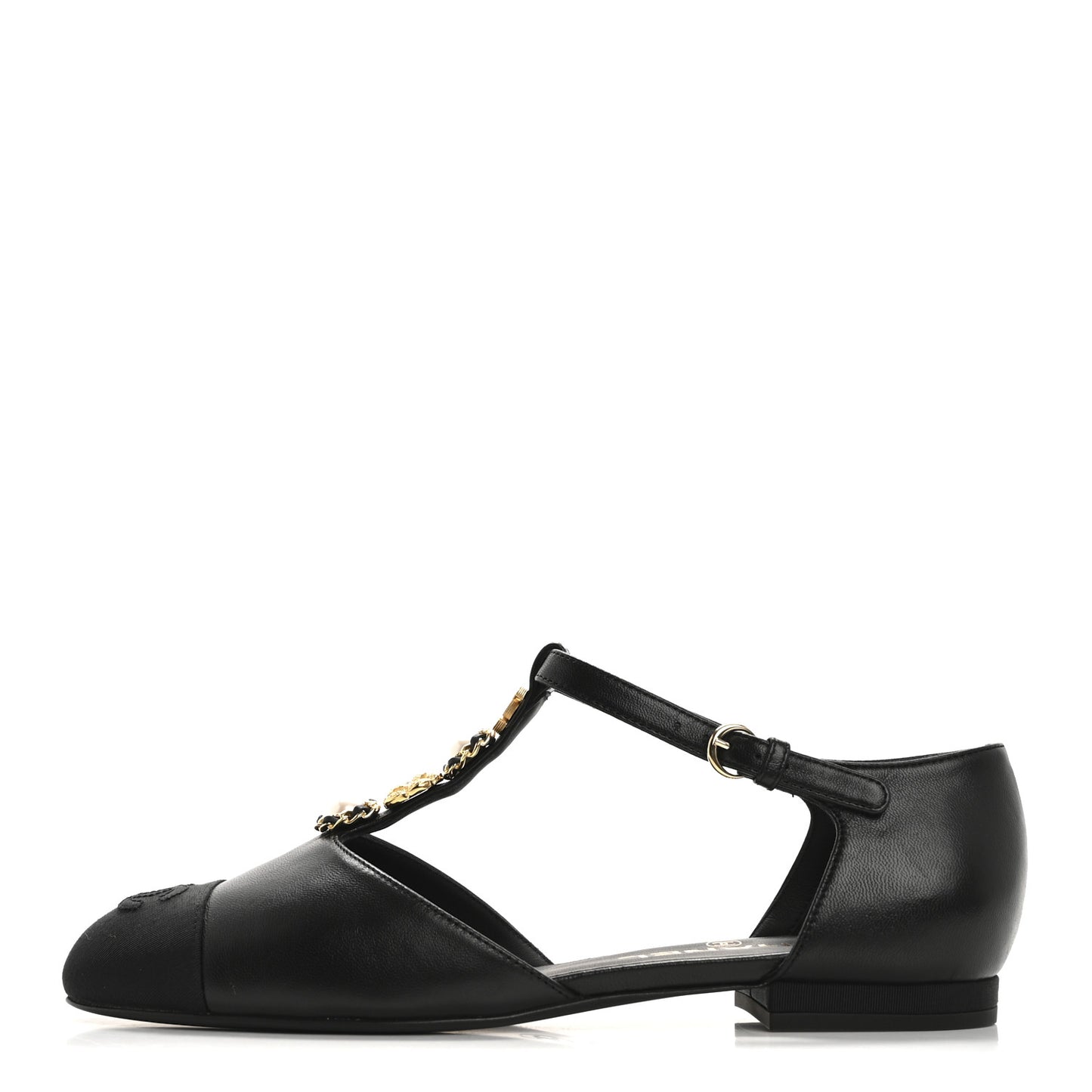 Lambskin Grosgrain Cap Toe Pearl CC Mary Jane Flats 39 Black