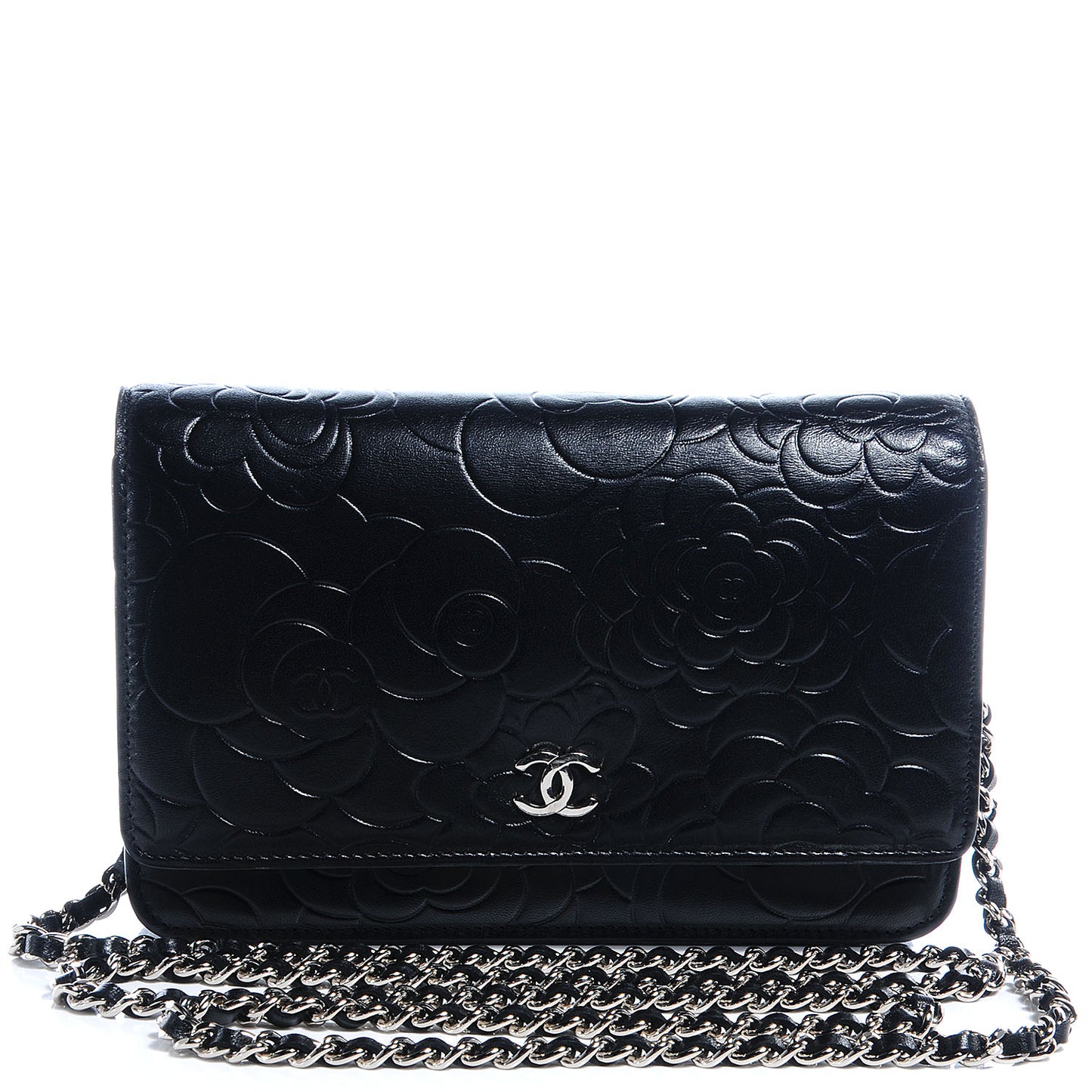 Lambskin Camellia Wallet on Chain WOC Black