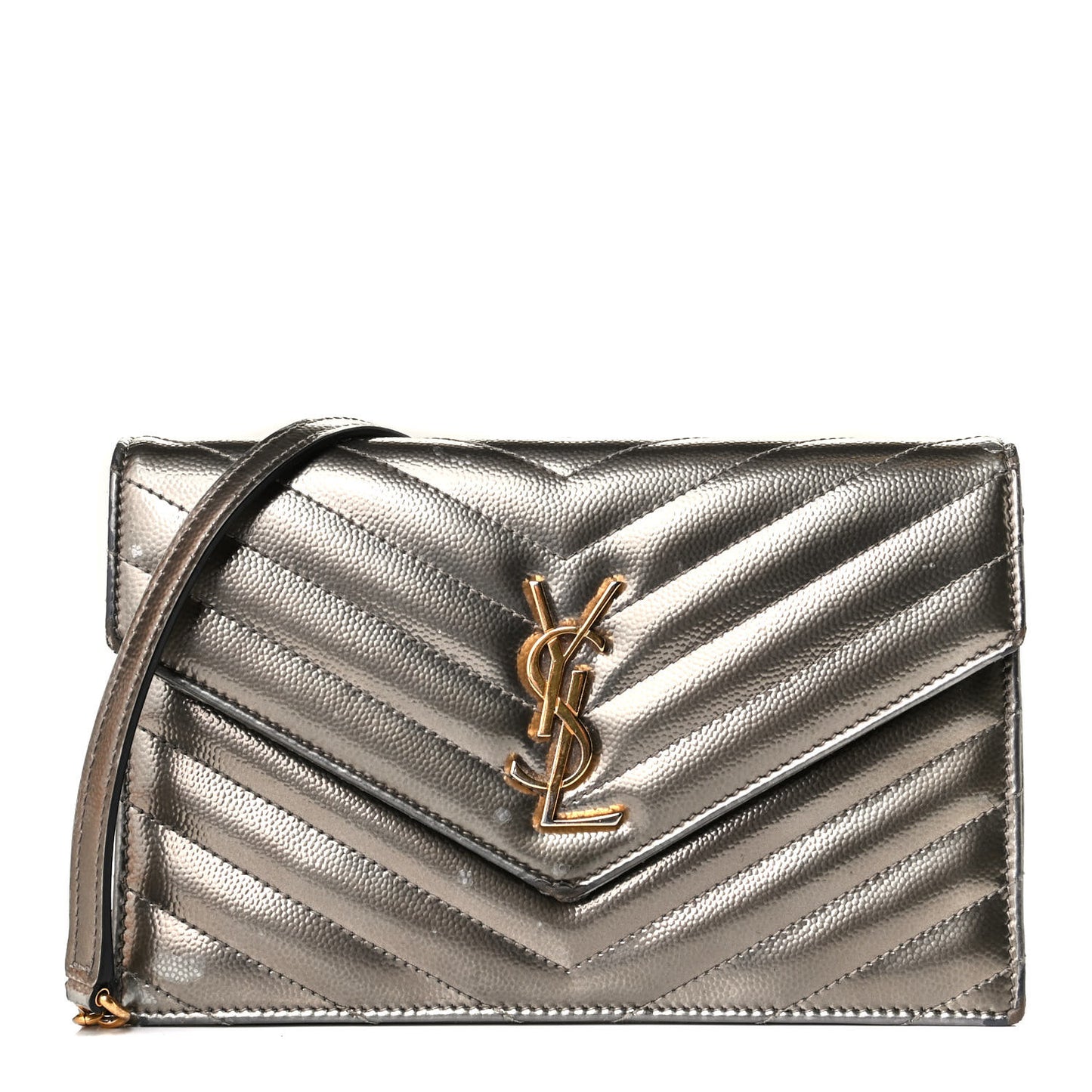 Metallic Grain De Poudre Matelasse Chevron Monogram Envelope Chain Wallet Piombo Black