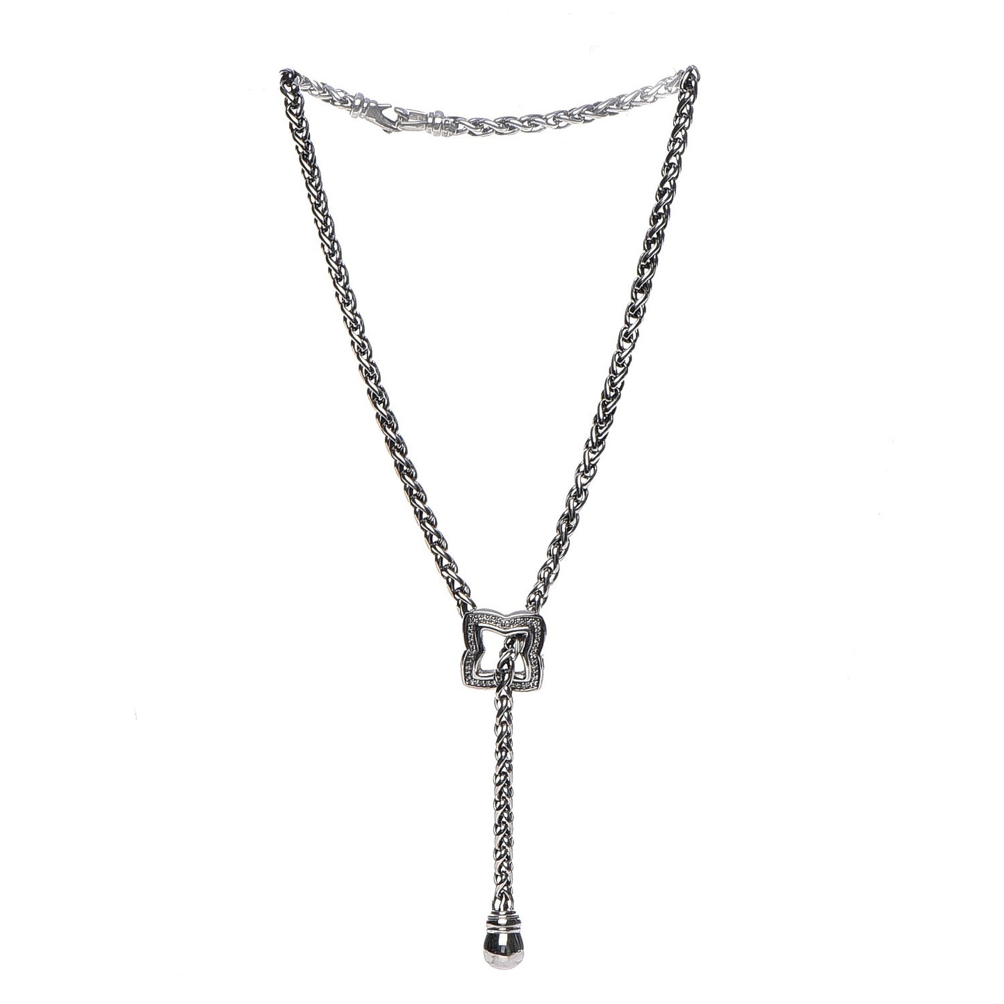 Sterling Silver Diamond Quatrefoil Lariat Wheat Chain Necklace