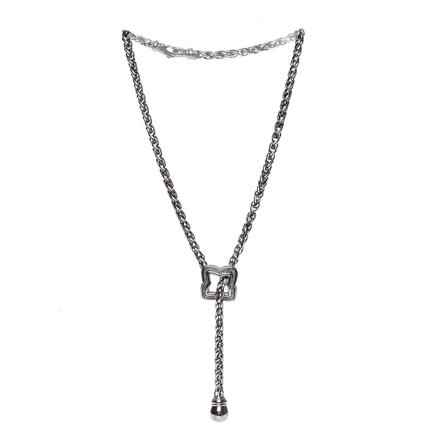 David Yurman Sterling Silver Diamond Quatrefoil Lariat Wheat Chain Necklace 3 of 8