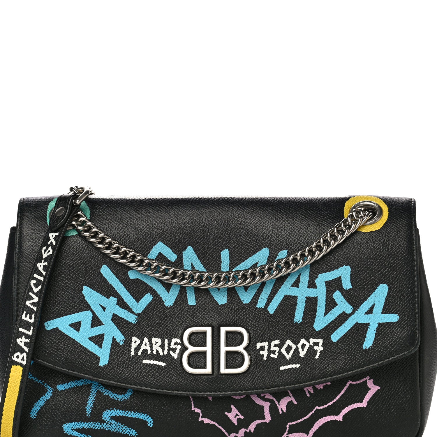 Balenciaga Grained Calfskin Graffiti M BB Round Shoulder Bag Black Multicolor 7 of 17