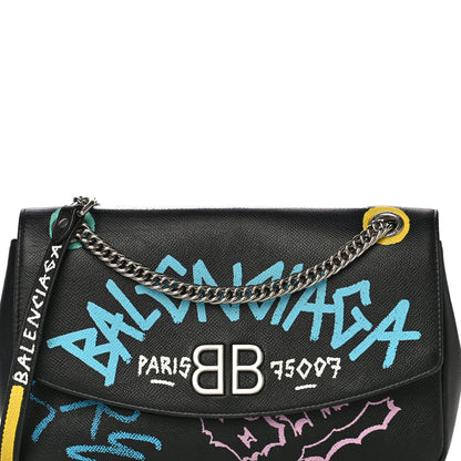 Balenciaga Grained Calfskin Graffiti M BB Round Shoulder Bag Black Multicolor 7 of 17
