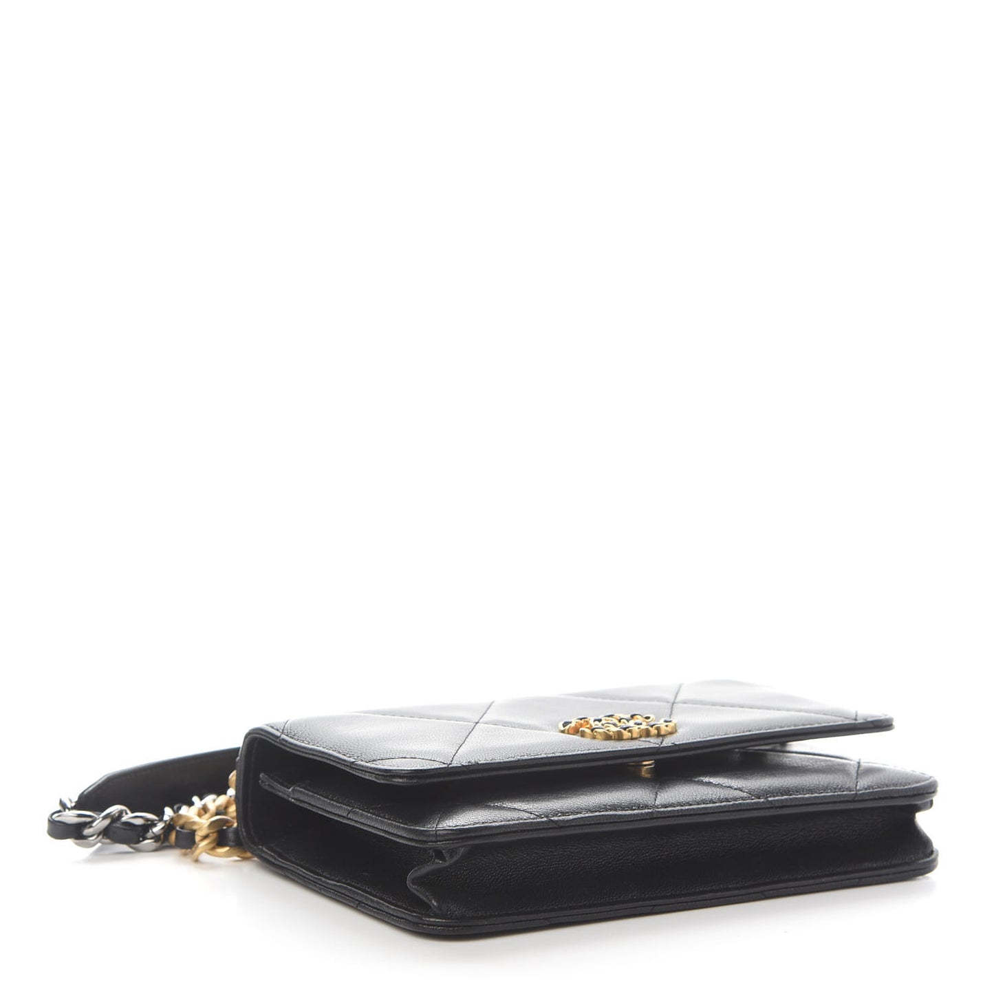 Shiny Goatskin Quilted Chanel 19 Wallet On Chain WOC Black