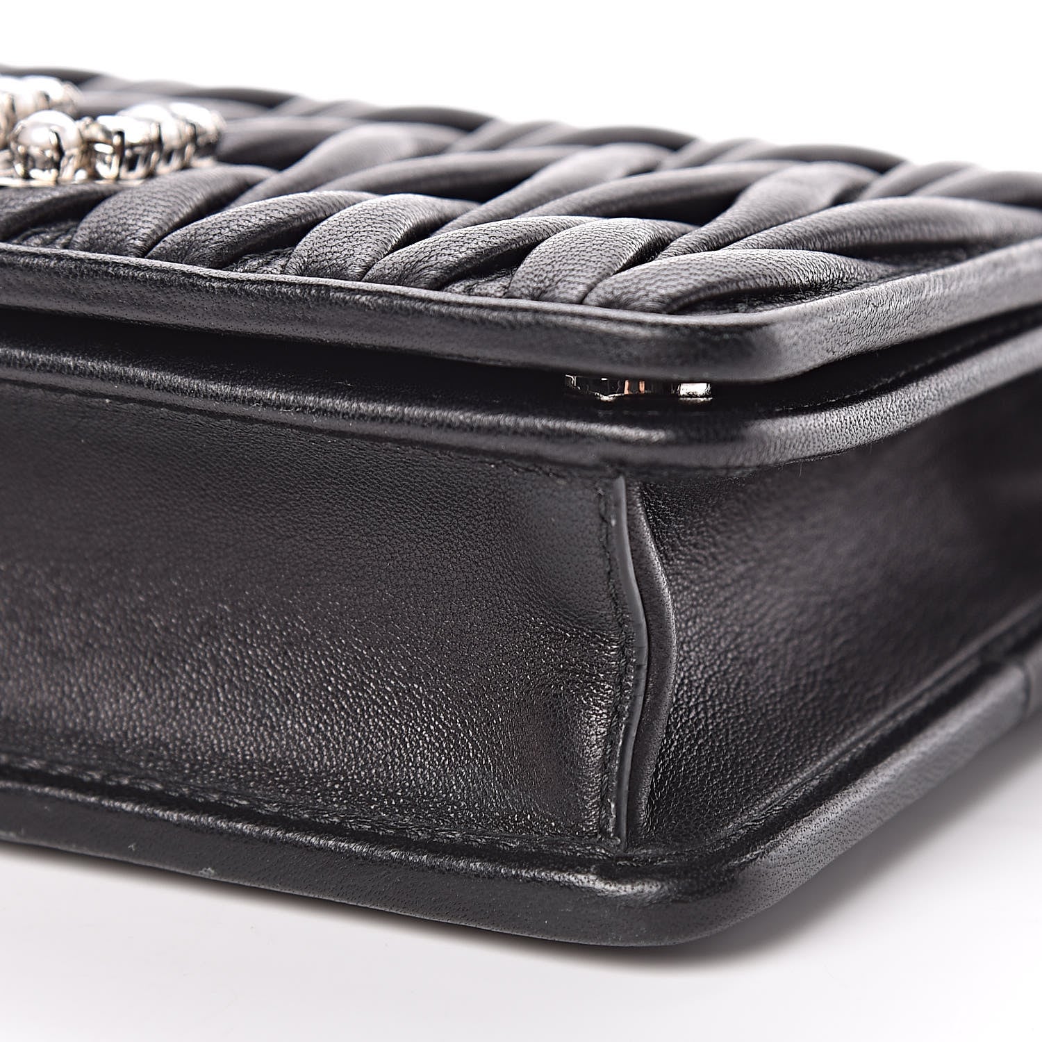 Miu Miu Nappa Matelasse Crystal Pearl Logo Chain Clutch Black 10 of 10