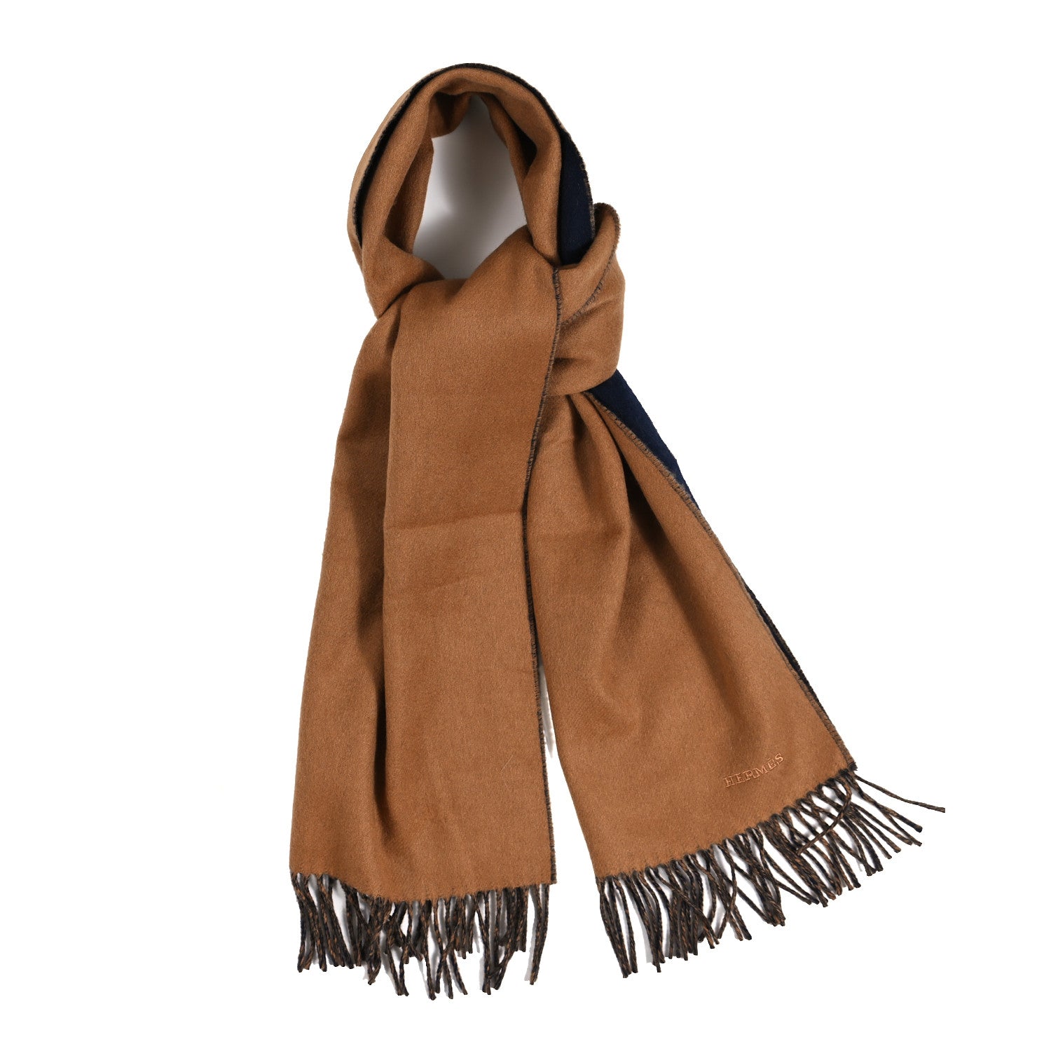 Hermes Cashmere Recto Verso Muffler Camel Marine 1 of 3