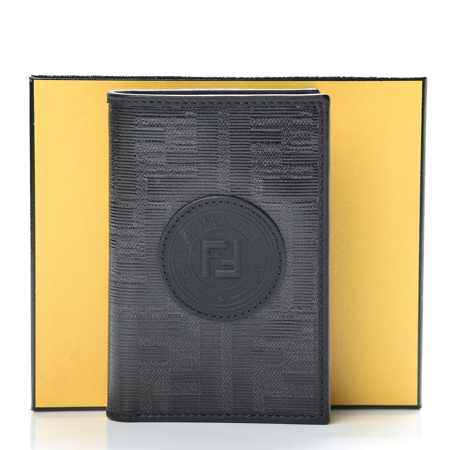 Glazed Fabric Vitello Century FF 1974 Stamp Patch Mens Wallet Black