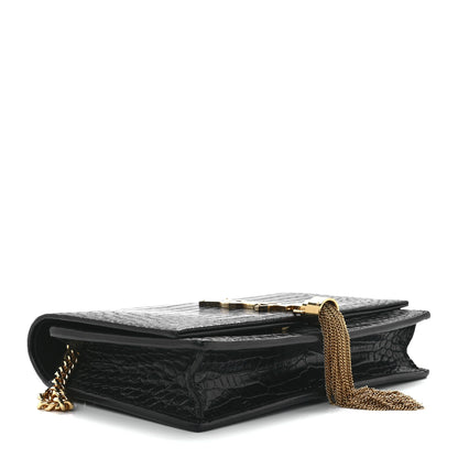 Saint Laurent Calfskin Crocodile Embossed Kate Monogram Tassel Chain Wallet Black 3 of 9