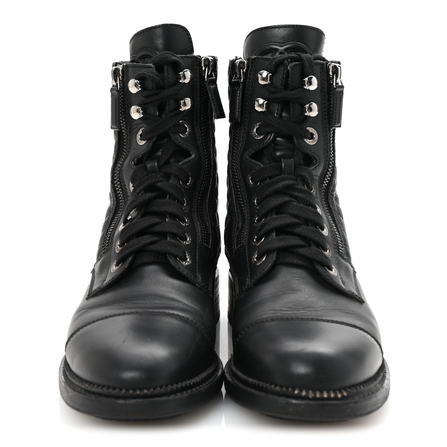 Chanel Calfskin Quilted Lace Up Combat Boots 37.5 Black 1739598