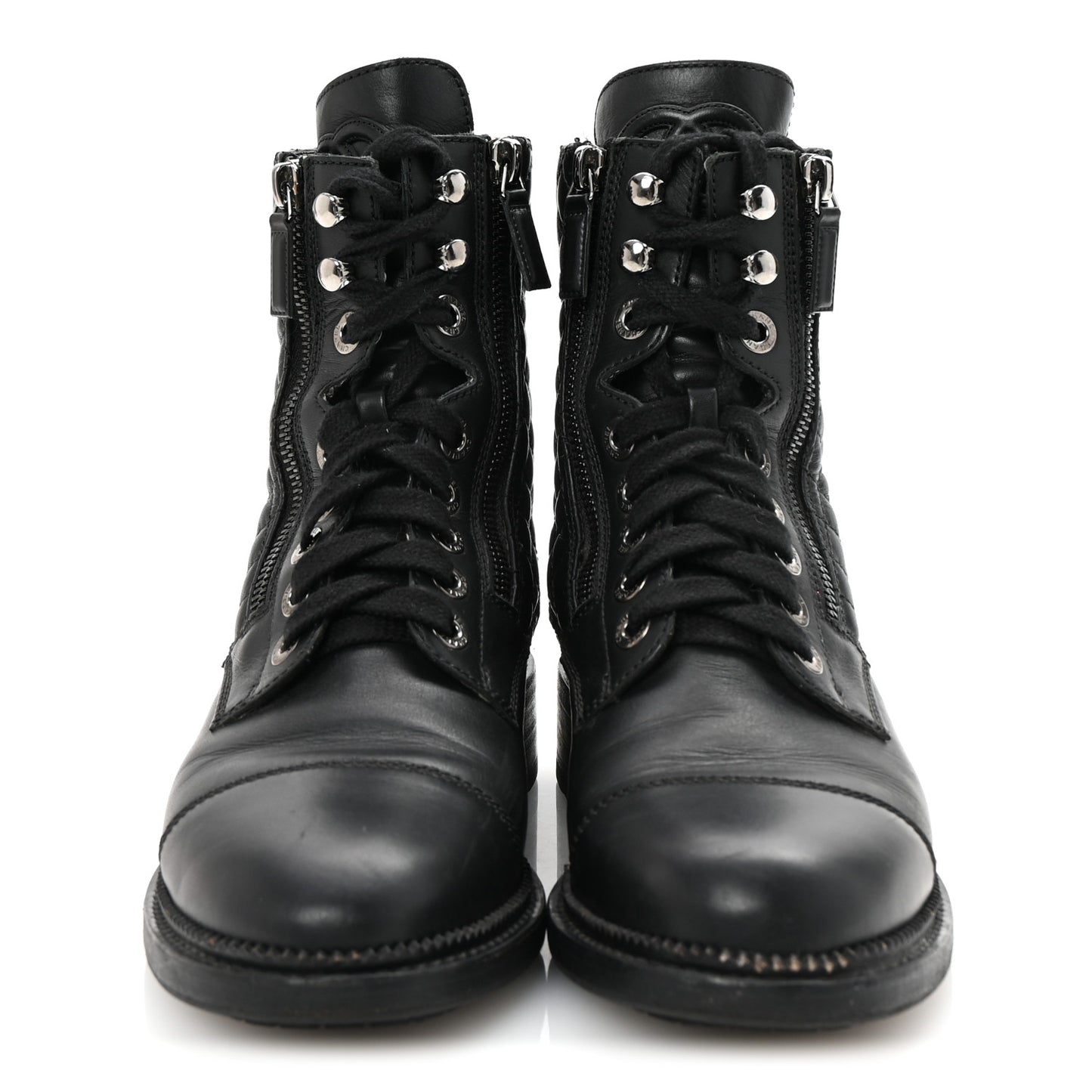 Calfskin Quilted Lace Up Combat Boots 37.5 Black